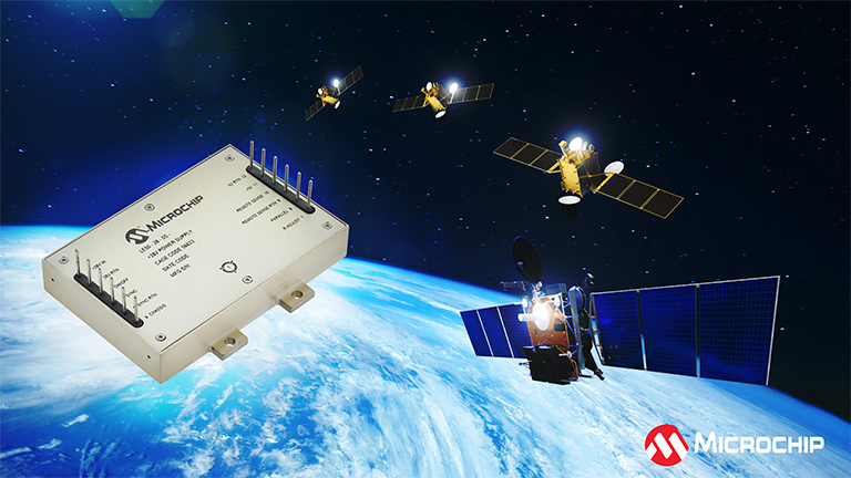 Microchip technology product featured prominently with three satellites orbiting earth in the background, showcasing space technology applications.