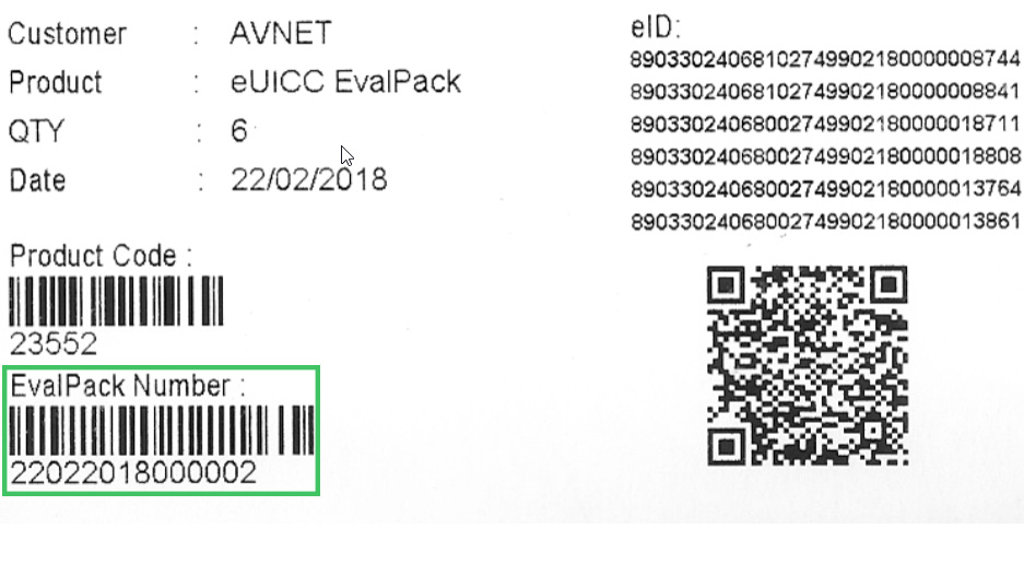 Click to enlarge image. eUICC - Your Eval Pack Number
