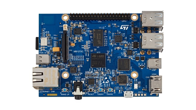 Top side of STMicroelectronics' STM32MP157D-DK1 discovery kit