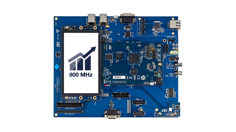 Top side of STMicroelectronics' STM32MP157D-EV1 evaluation board