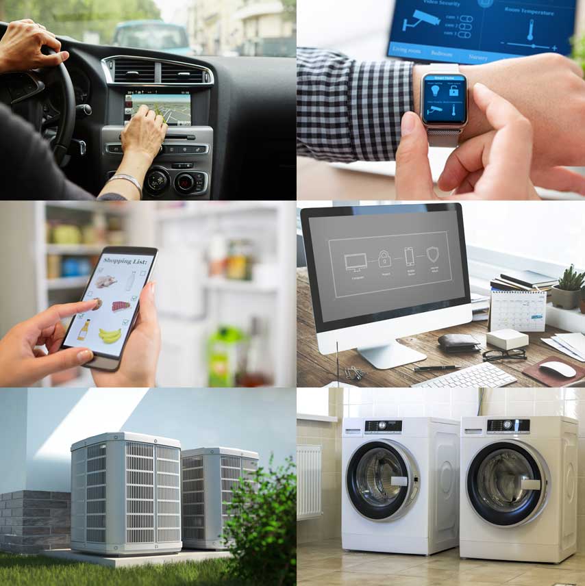 Collage of 4 different types of automation like a home security device Collage of 4 different types of automation like a home security device