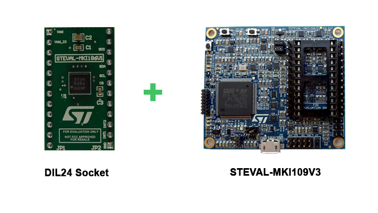 Evaluation system with DIL24 sockets + MEMS professional tool STEVAL-MKI109V3