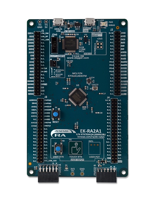 Top side view of Renesas RA2A1 Evaluation Kit for RA2A1 MCUs
