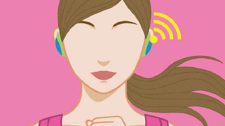 Illustration of a girl wearing wireless earbuds