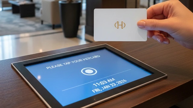 Hotel keycard held above a check-in display module with an integrated NFC interface