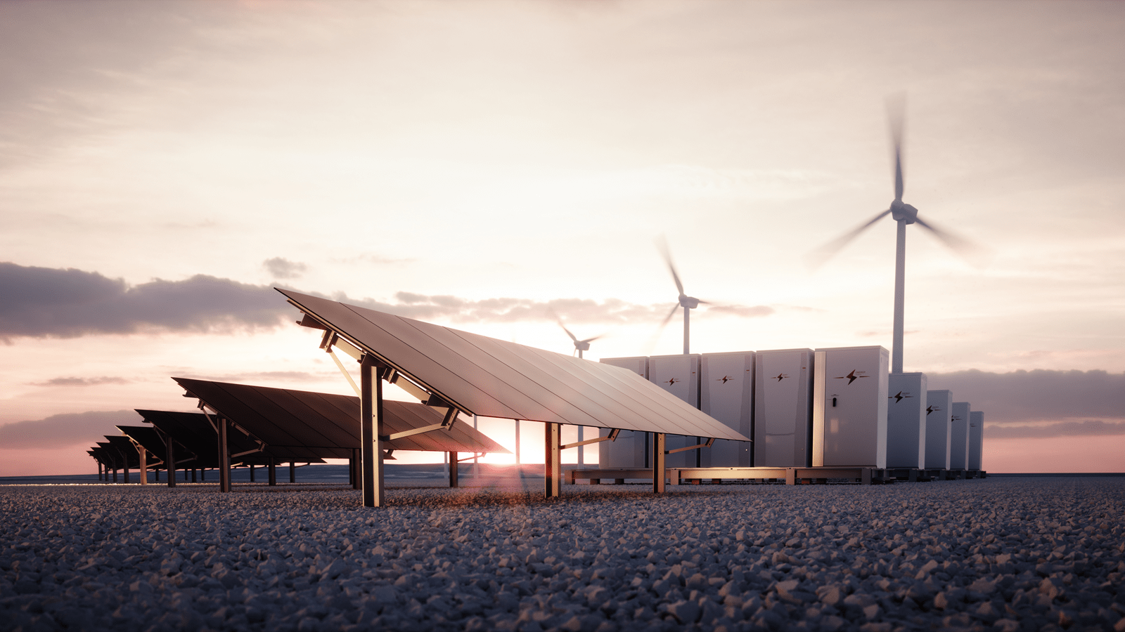 Energy storage - solar panels sit nearby wind turbines and BESS'