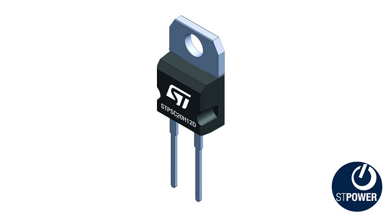 Angled view of the ST’s STPSC20H12 SiC power Schottky diode