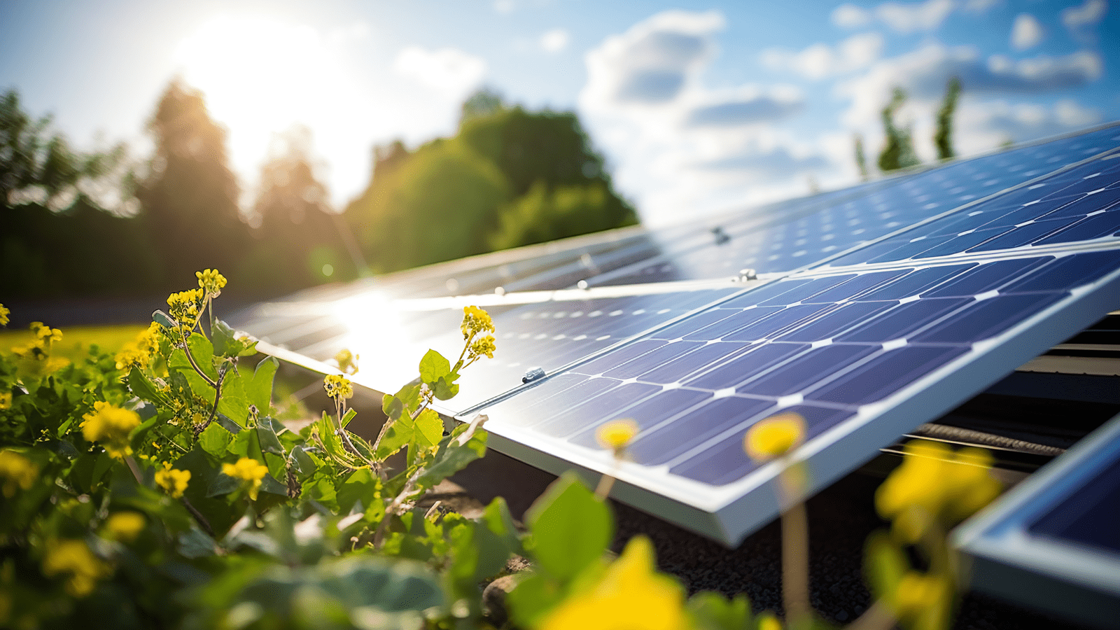 Sun shining on solar panels in a field
