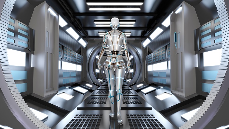 Image of a robot walking in the hallway 