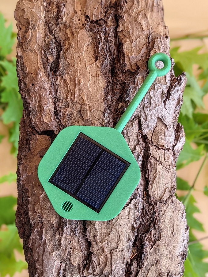 Dryad’s Silvanet Wildfire Sensor on a tree bark