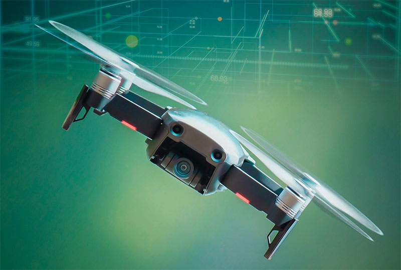 Drone flying through an illustrated digital world