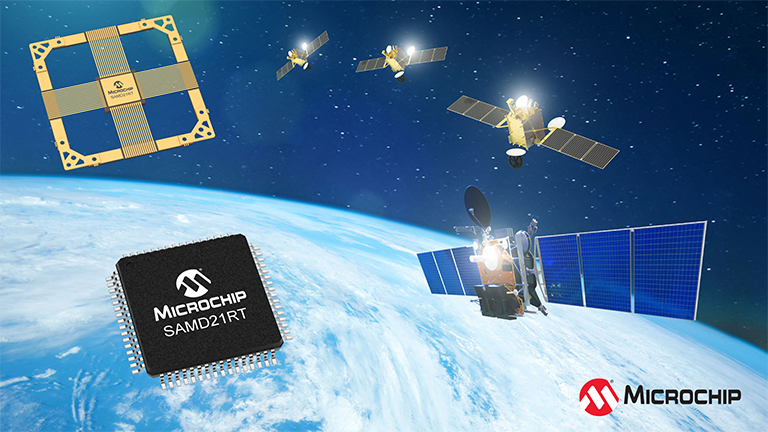 Microchip SAMD21RT microcontroller and components with satellites in orbit above Earth, showcasing space technology.