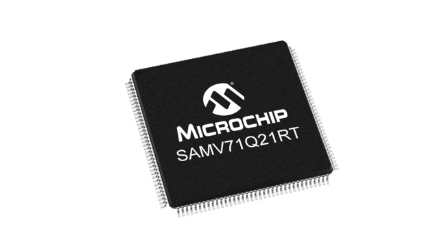Front side of Microchip's SAMV71Q21RT chip
