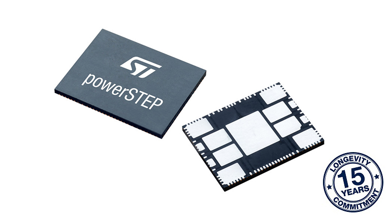 STMicroelectronics powerSTEP01 - front and back view of the chip
